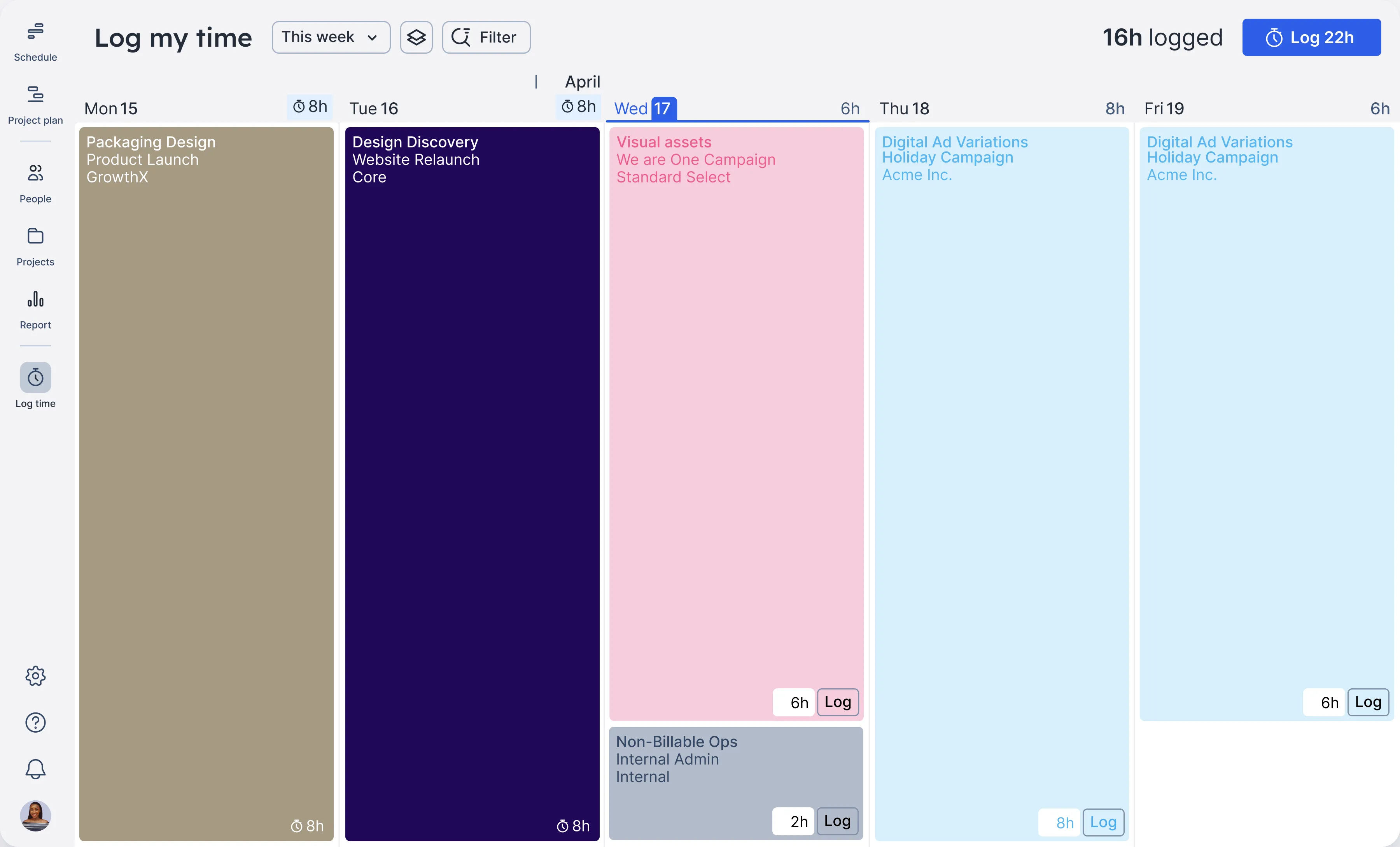 A full screen shot of Float's time tracking view where you can log your time on a timesheet.
